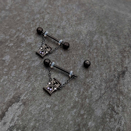 14G 5/8 Purple Gem Black Goth Hourglass Chain Dangle Nipple Ring Set