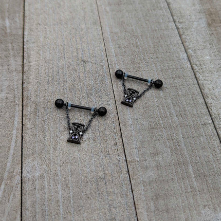 14G 5/8 Purple Gem Black Goth Hourglass Chain Dangle Nipple Ring Set
