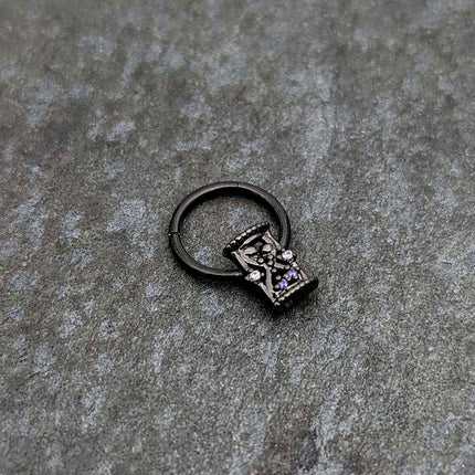 16G 3/8 Purple Gem Black Heart Goth Hourglass Hinged Segment Ring