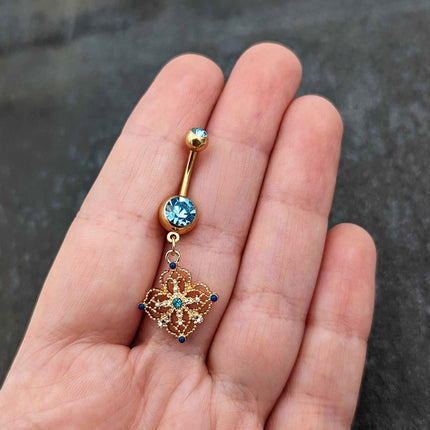 Blue Gem Gold Tone Texture Emblem Dangle Belly Ring
