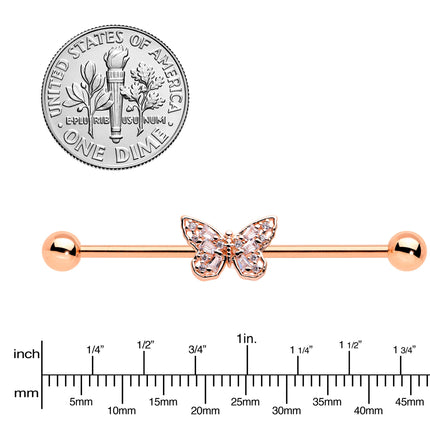 14G Clear Gem Rosy Tone Baroque Butterfly Industrial Barbell 38mm