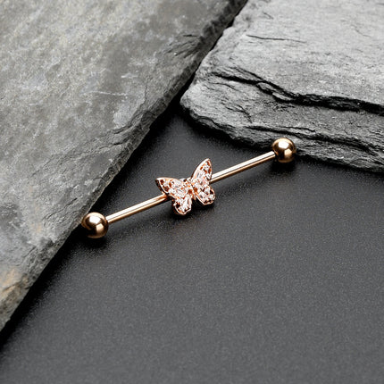 14G Clear Gem Rosy Tone Baroque Butterfly Industrial Barbell 38mm