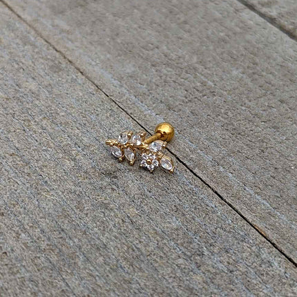 16G 1/4 Clear CZ Gem Gold Hue Flower Vine Cartilage Tragus Earring