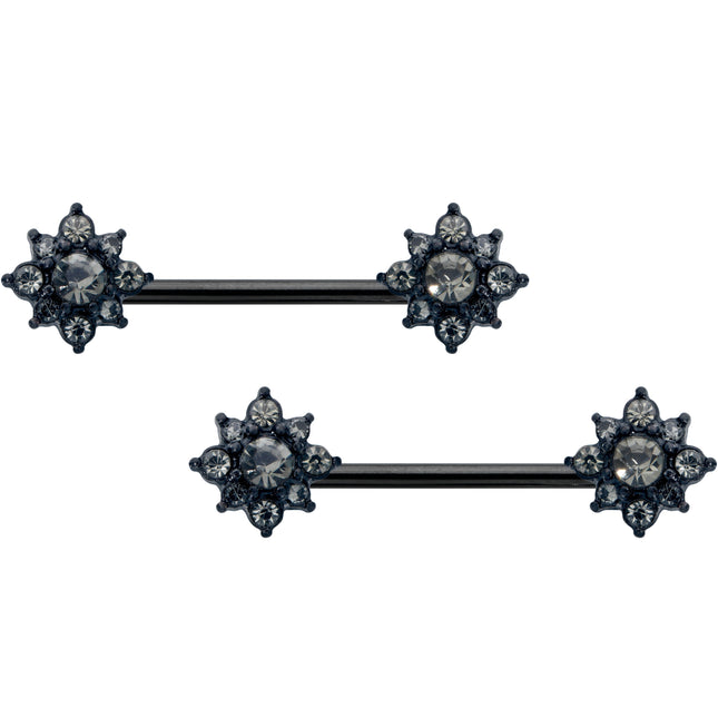 14G 9/16 Clear Gem Black Gothic Sun Barbell Nipple Ring Set