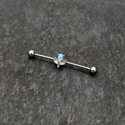 14G White Faux Opal Style Flower Industrial Barbell 38mm