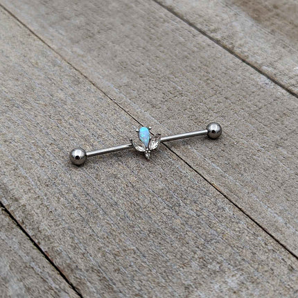 14G White Faux Opal Style Flower Industrial Barbell 38mm