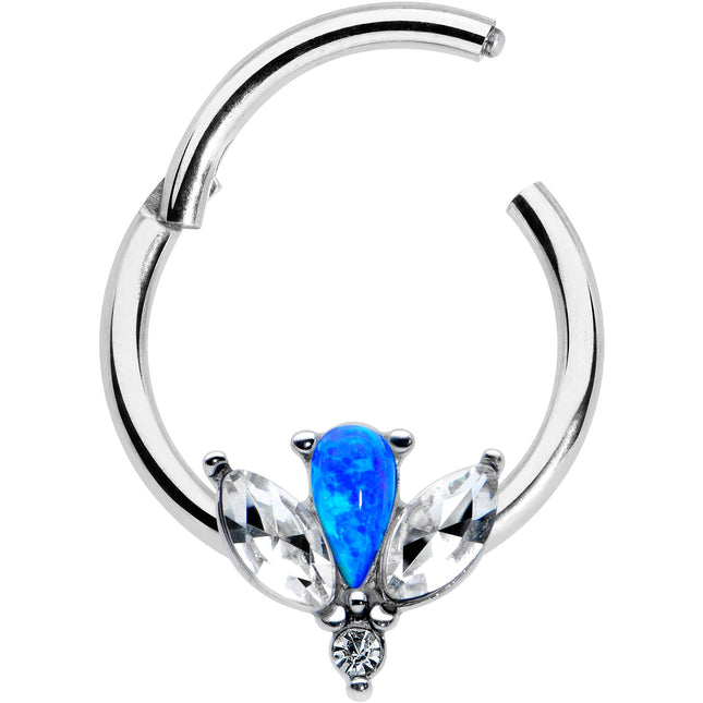 16G 3/8 Blue Faux Opal Style Flower Hinged Segment Ring
