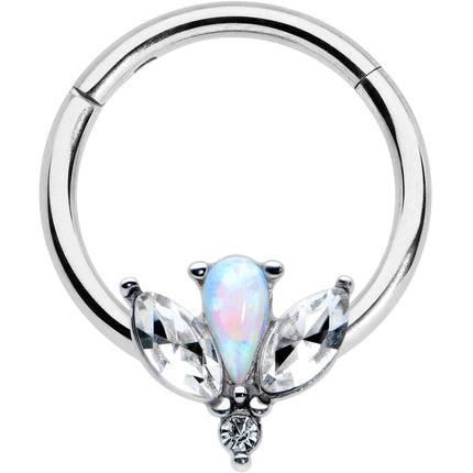 16G 3/8 White Faux Opal Style Flower Hinged Segment Ring