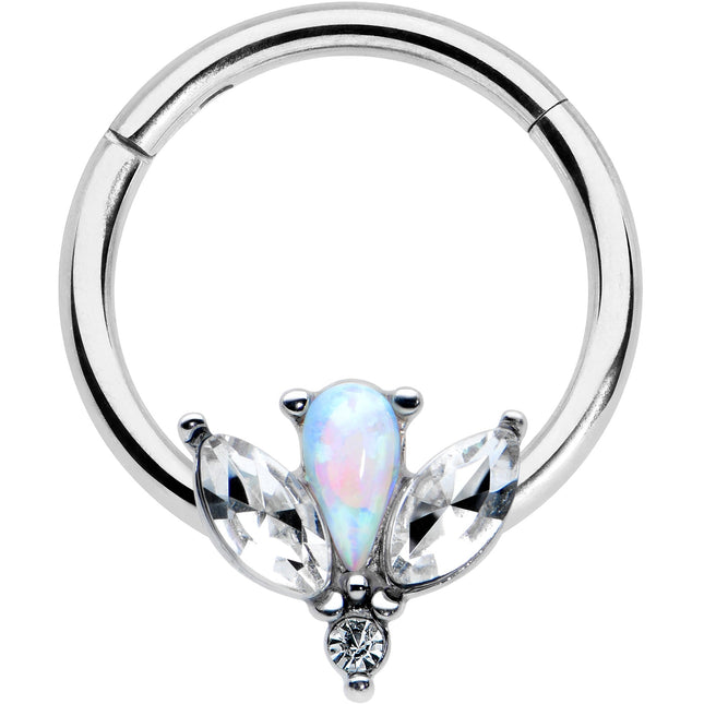 16G 3/8 White Faux Opal Style Flower Hinged Segment Ring