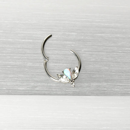 16G 3/8 White Faux Opal Style Flower Hinged Segment Ring