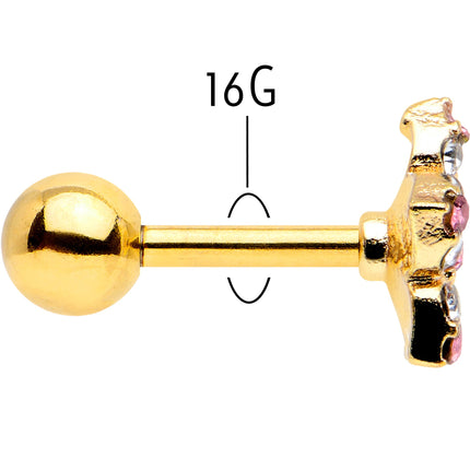 16G 1/4 Pink Clear Gem Gold Tone Texture Star Cartilage Earring