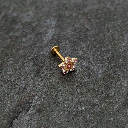 16G 5/16 Pink Gem Gold Tone Texture Star Labret Monroe Tragus