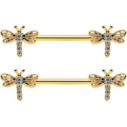 14G 9/16 Clear Gem Gold Tone Flying Dragonfly Nipple Ring Set
