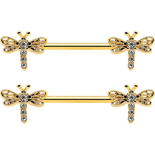 14G 9/16 Clear Gem Gold Tone Flying Dragonfly Nipple Ring Set