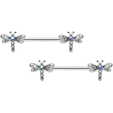 14G 9/16 Aurora Gem Ornate Dragonflies Barbell Nipple Ring Set