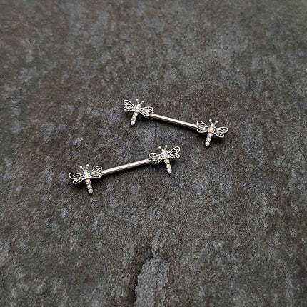 14G 9/16 Aurora Gem Ornate Dragonflies Barbell Nipple Ring Set