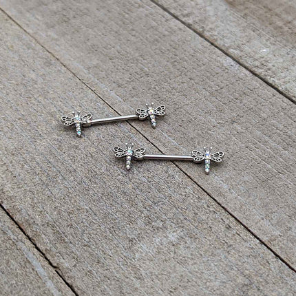 14G 9/16 Aurora Gem Ornate Dragonflies Barbell Nipple Ring Set
