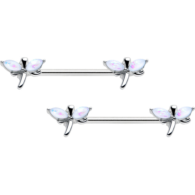 14G 5/8 White Faux Opal Styled Dragonfly Barbell Nipple Ring Set