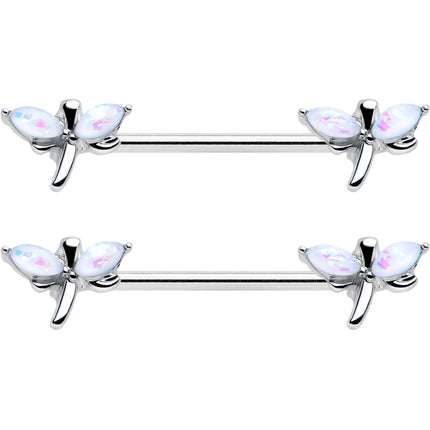 14G 5/8 White Faux Opal Styled Dragonfly Barbell Nipple Ring Set
