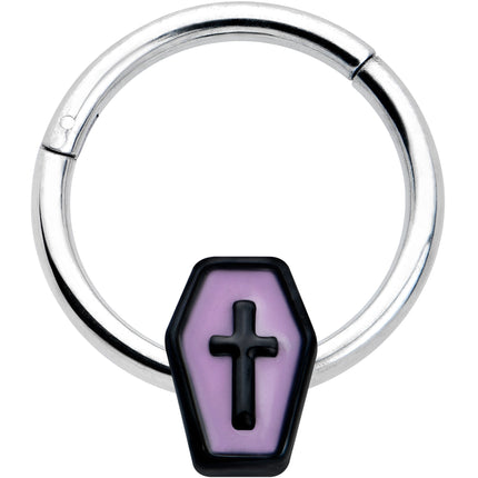 16G 3/8 Creepy Coffin Lt Purple Glow in Dark Hinged Segment Ring