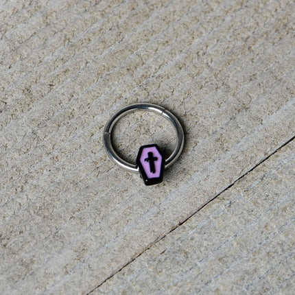16G 3/8 Creepy Coffin Lt Purple Glow in Dark Hinged Segment Ring