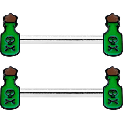 14G 9/16 Poison Green Bottle Glow in Dark Barbell Nipple Ring Set