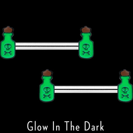 14G 9/16 Poison Green Bottle Glow in Dark Barbell Nipple Ring Set