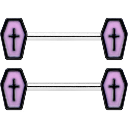 14G 9/16 Creepy Coffin Lt Purple Glow in the Dark Nipple Ring Set