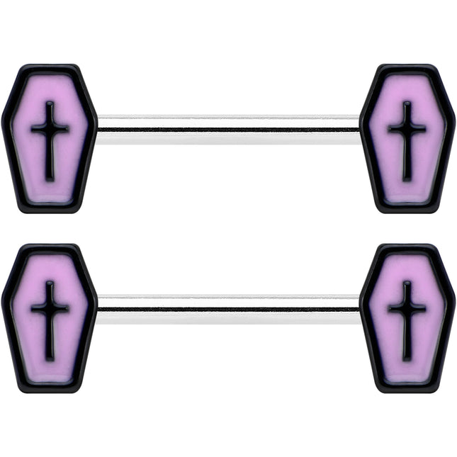 14G 9/16 Creepy Coffin Lt Purple Glow in the Dark Nipple Ring Set