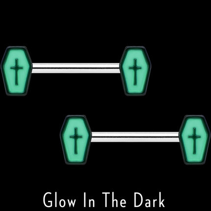 14G 9/16 Creepy Coffin Lt Purple Glow in the Dark Nipple Ring Set
