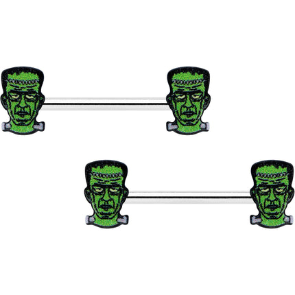 14G 9/16 Frankenstein Head Green Glow in the Dark Nipple Ring Set