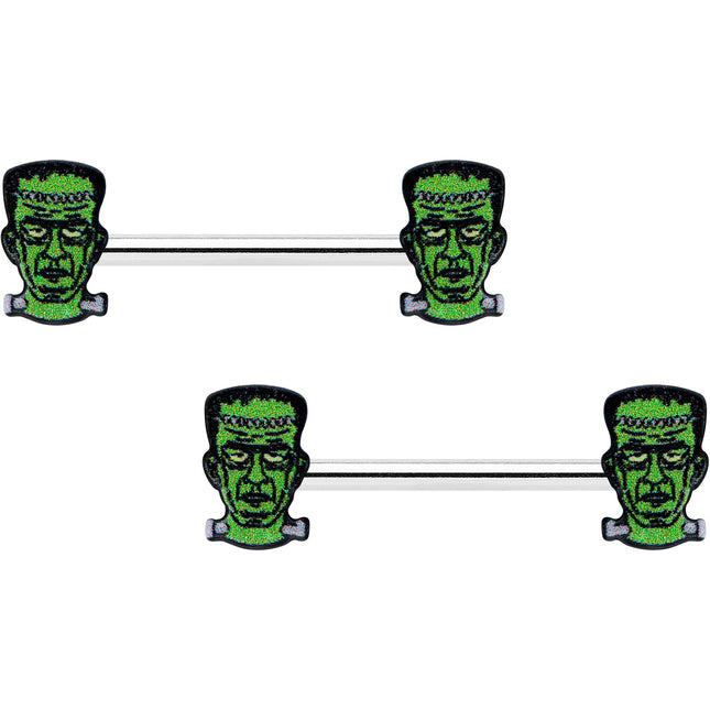 14G 9/16 Frankenstein Head Green Glow in the Dark Nipple Ring Set