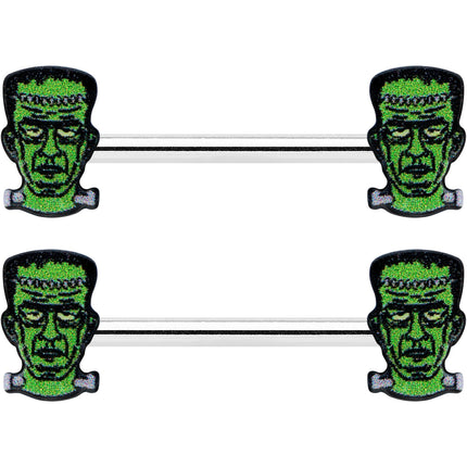 14G 9/16 Frankenstein Head Green Glow in the Dark Nipple Ring Set