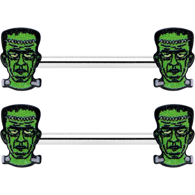14G 9/16 Frankenstein Head Green Glow in the Dark Nipple Ring Set