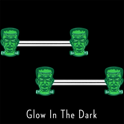 14G 9/16 Frankenstein Head Green Glow in the Dark Nipple Ring Set