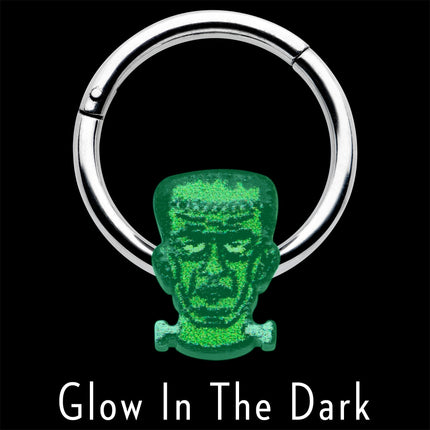 16G 3/8 Frankenstein Head Green Glow in Dark Hinged Segment Ring