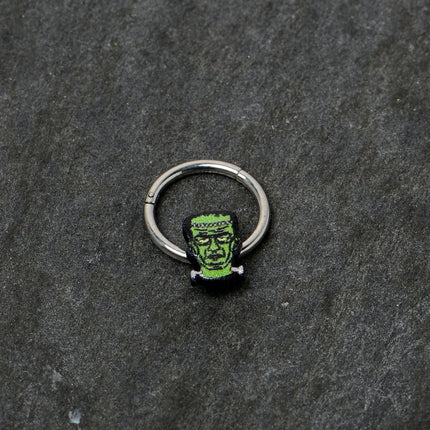 16G 3/8 Frankenstein Head Green Glow in Dark Hinged Segment Ring
