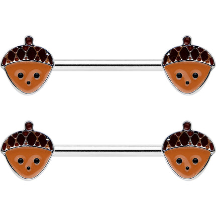 14G 9/16 Autumn Acorn Face Brown Fall Barbell Nipple Ring Set