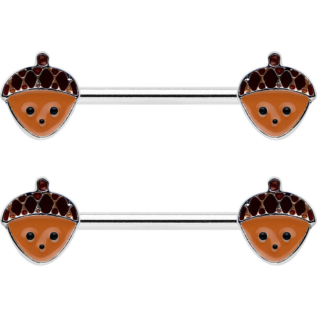 14G 9/16 Autumn Acorn Face Brown Fall Barbell Nipple Ring Set