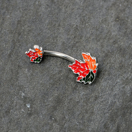 Autumn Tricolor Maple Leaves Red Green Orange Double Mount Belly Ring
