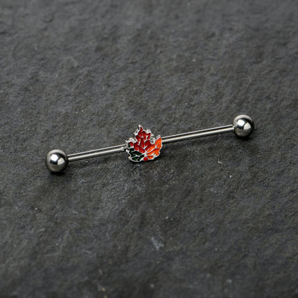 14G Autumn Tricolor Red Maple Leaf Industrial Barbell 38mm
