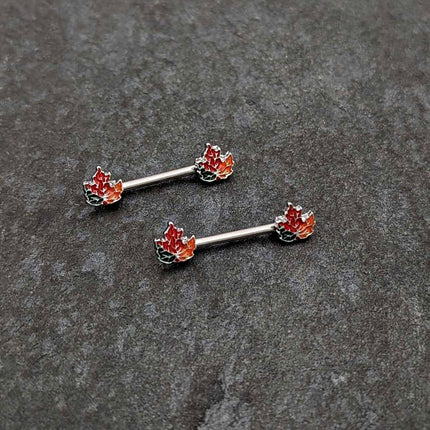 14G 9/16 Autumn Tricolor Maple Leaf Barbell Nipple Ring Set