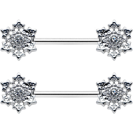 14G 9/16 Clear Gem Filigree Winter Snowflake Nipple Ring Set