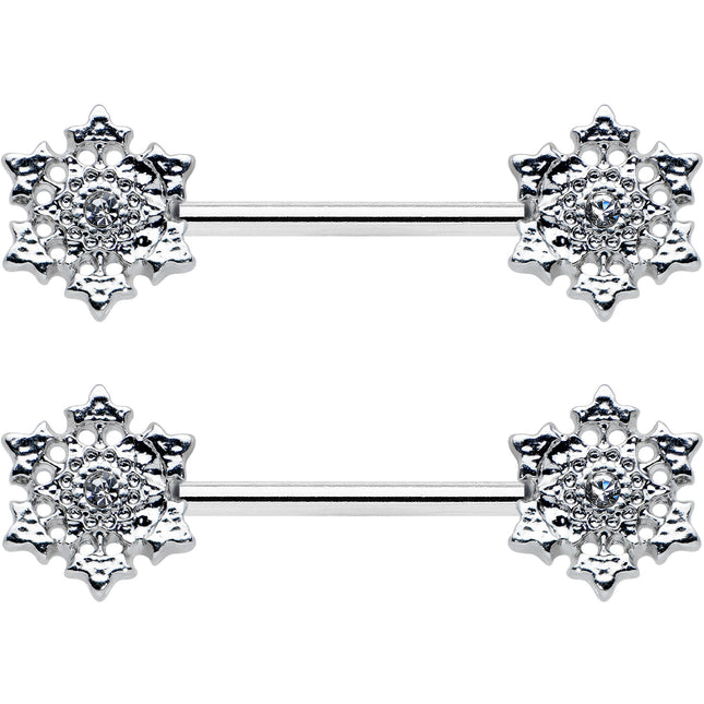 14G 9/16 Clear Gem Filigree Winter Snowflake Nipple Ring Set