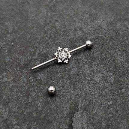 14G Clear Gem Filigree Winter Snowflake Industrial Barbell 38mm