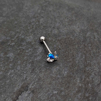 Blue Synthetic Opal Style Flower Barbell Tongue Ring