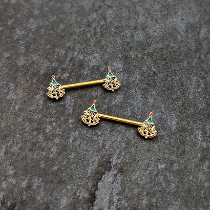 14G 9/16 Red Gem Gold Hue Deco Holiday Tree Barbell Nipple Ring Set