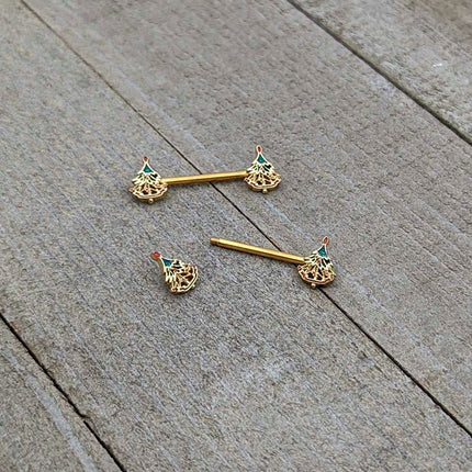 14G 9/16 Red Gem Gold Hue Deco Holiday Tree Barbell Nipple Ring Set