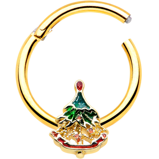16G 3/8 Red Gem Gold Tone Deco Holiday Tree Hinged Segment Ring