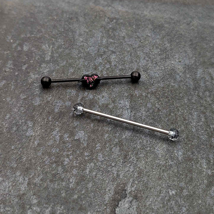 14G Black Bat Heart Halloween Clear Industrial Barbell 38mm Set of 2